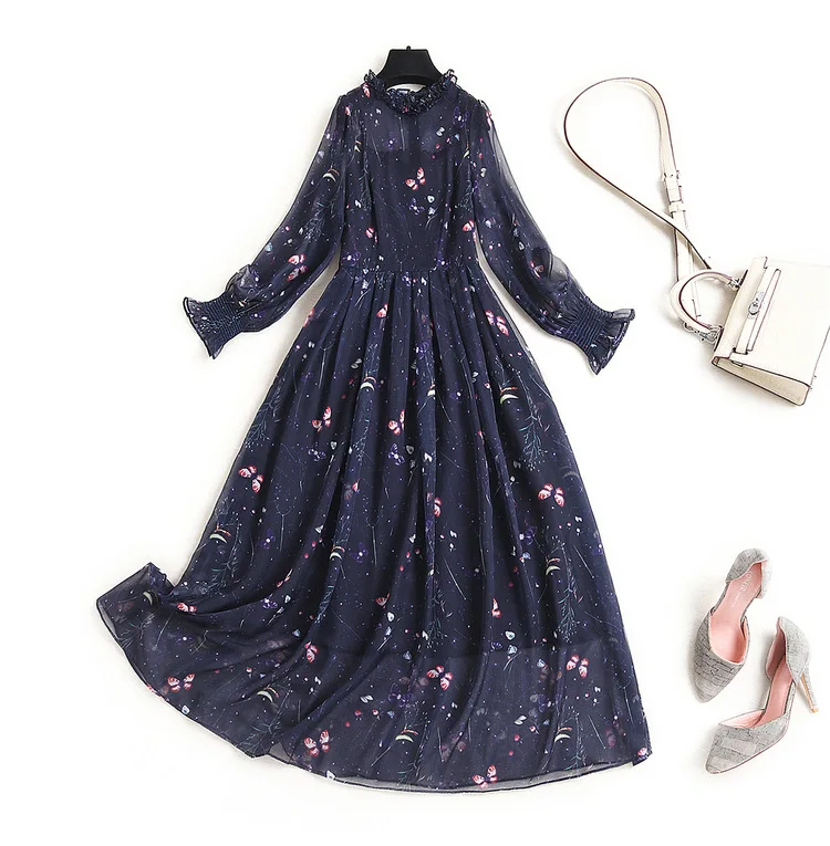 

Floral dress 2021 spring new chiffon long skirt stitching wood ear print skirt