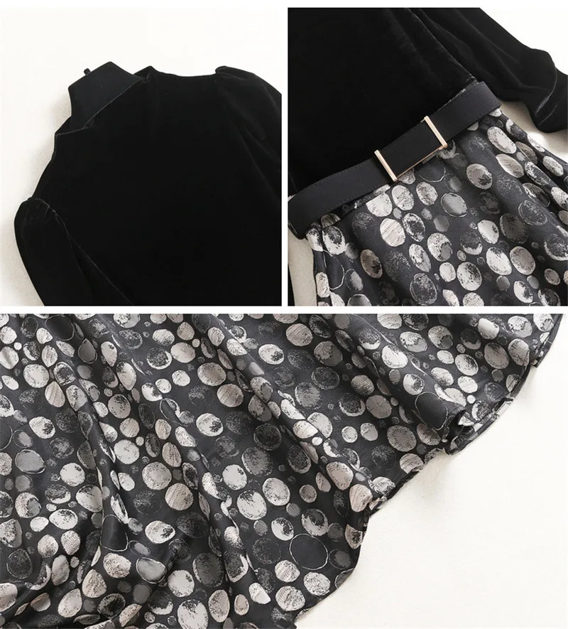 

Women Autumn Winter Print Patchwork Midi Velour Dress Long Sleeve Designers Elegant Lady Vintage Party Robe Femme Vestidos