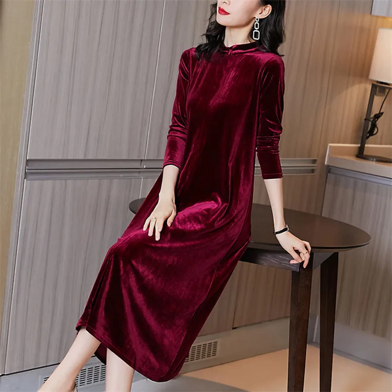 

Velvet Stand Collar Long Dress Women Autumn Solid Elegant Maxi Dresses Vintage A-Line Office Work Dress Party Vestidos