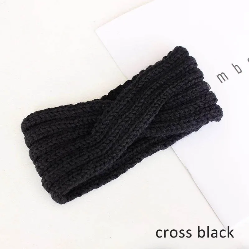 cross black Зимняя Теплая повязка на голову для ушей женская вязаная лента для волос ручной работы для женщин однотонный широкий обруч для волос аксессуары для волос - Цвет: cross black