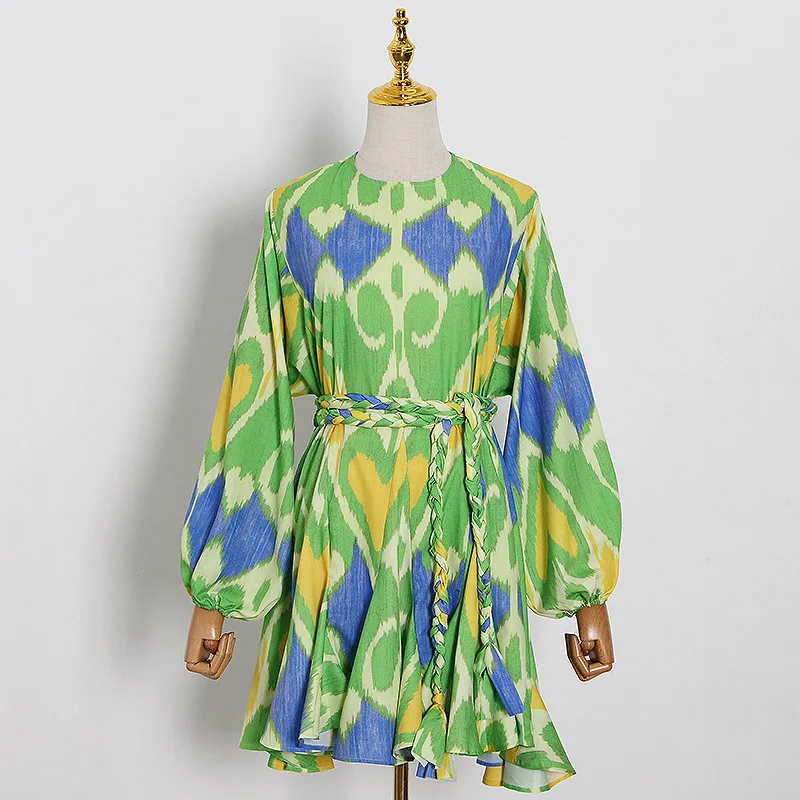 

Spring 2021 New Fashion round Neck Bubble Sleeve Printed High Waist Slimming Lace-up Dress A- line Skirt for Women