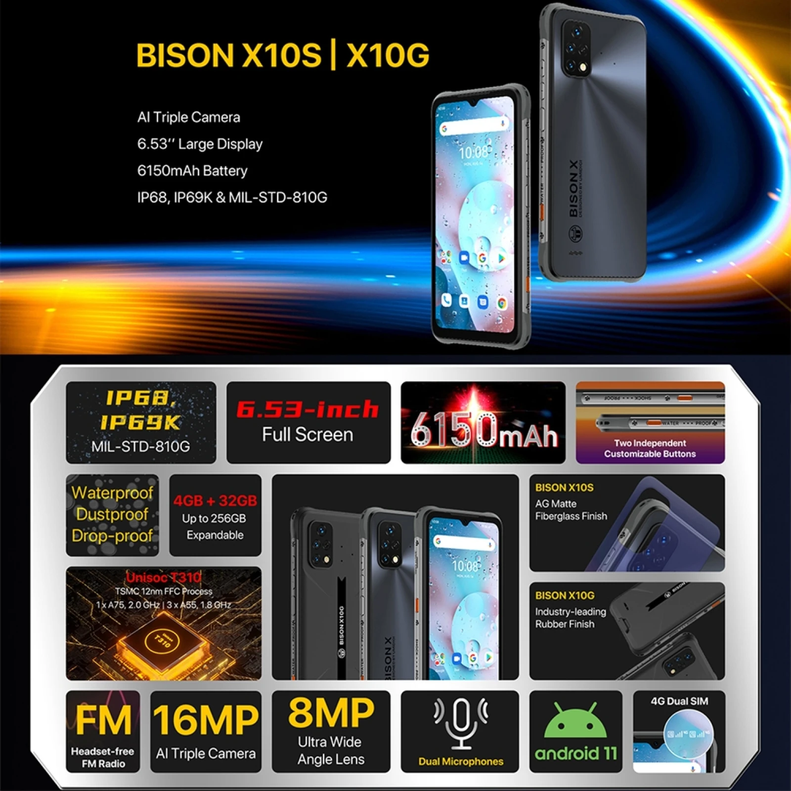 umidigi bison x10s x10g global version rugged smartphone ip68 waterproof 4gb 32gb ums312 t310 triple camera 6150mah cellphone free global shipping