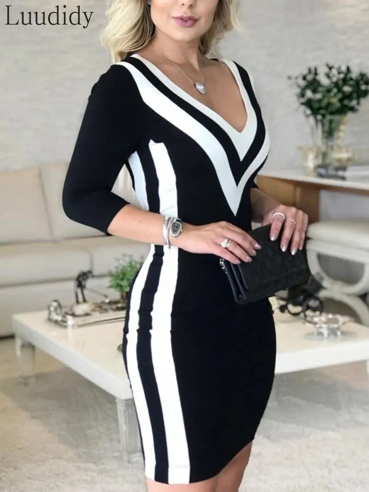 

Women Sexy V-Neck Contrast Color Striped Glitter Sequins Party Dress