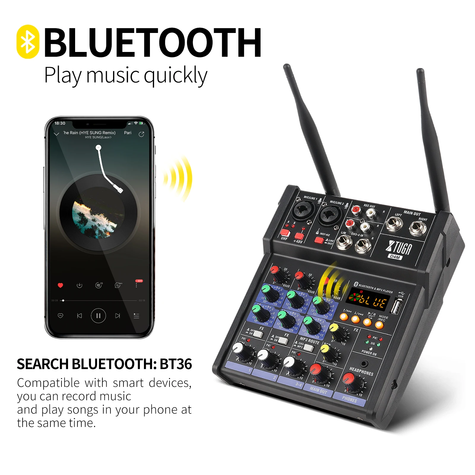 XTUGA D4M аудио Миксер с Беспроводной микрофон 4 Каналы DJ микшер Bluetooth USB для ПК Запись