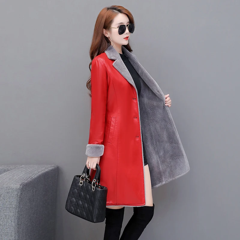 M-4XL Women Leather Coat Winter  New Fashion Thicken Keep Warm Plus Velvet Outerwear Long Tops Jacket Female Black Overcoat