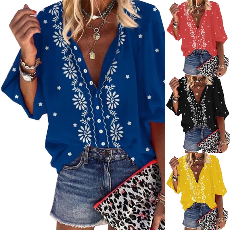 

2021 New Design Plus Size Women Blouse V-neck Long Sleeve Print Loose Casual Shirts Womens Tops And Blouses