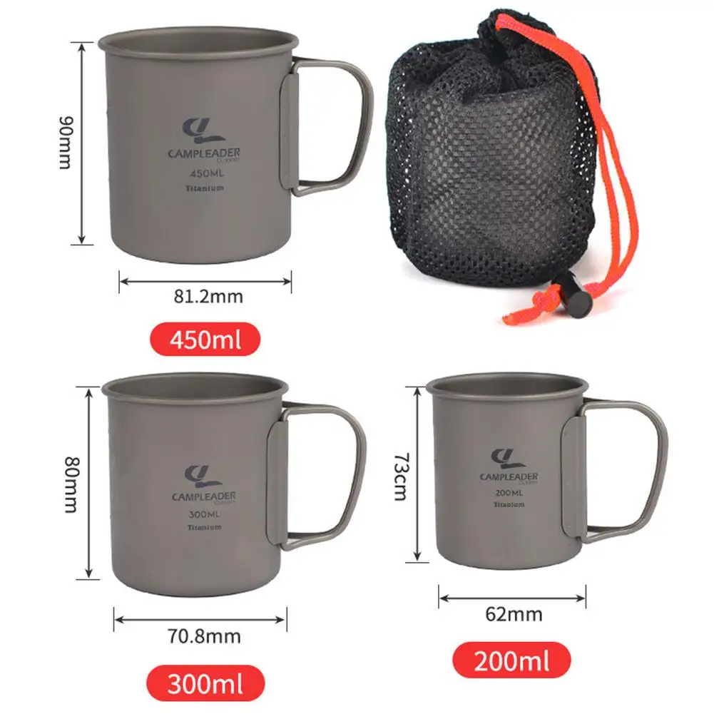 

3PCS Camping Pure Titanium Cup Set Lightweight Cookware Set Double-layer Folding Handles Water Cup Portable Coffee Cup Tea Set