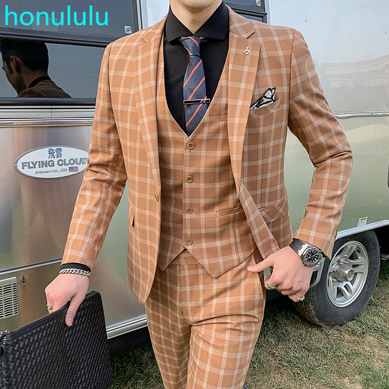 

Suit suit men's business dress three piece Plaid fit bridegroom's wedding casual suit dress