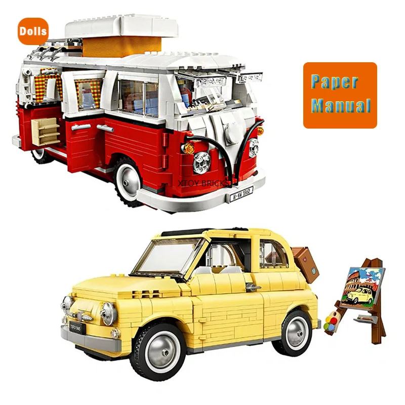 

New 1354Pcs Technic Series FIATed 500 VW Volkswagen T1 Camper Car Van 10220 10271 Model Building Kits Blocks Kits Set Brick Toys