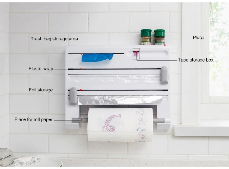 

Kitchen Storage Rack Multifunctional Tin Foil Cling Film Cutter Storage Rack Paper Towel Garbage Bag Rack Six-in-one