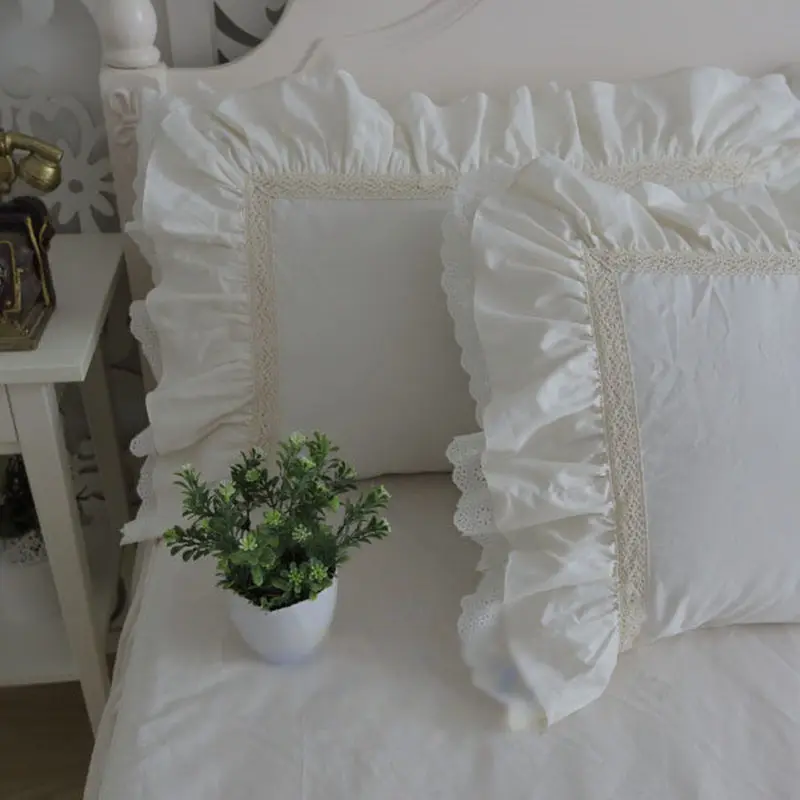 

Top luxury bedding set queen size embroidery ruffle lace duvet cover creamy-white bedspread princess bed beige pillowcase HM-17W