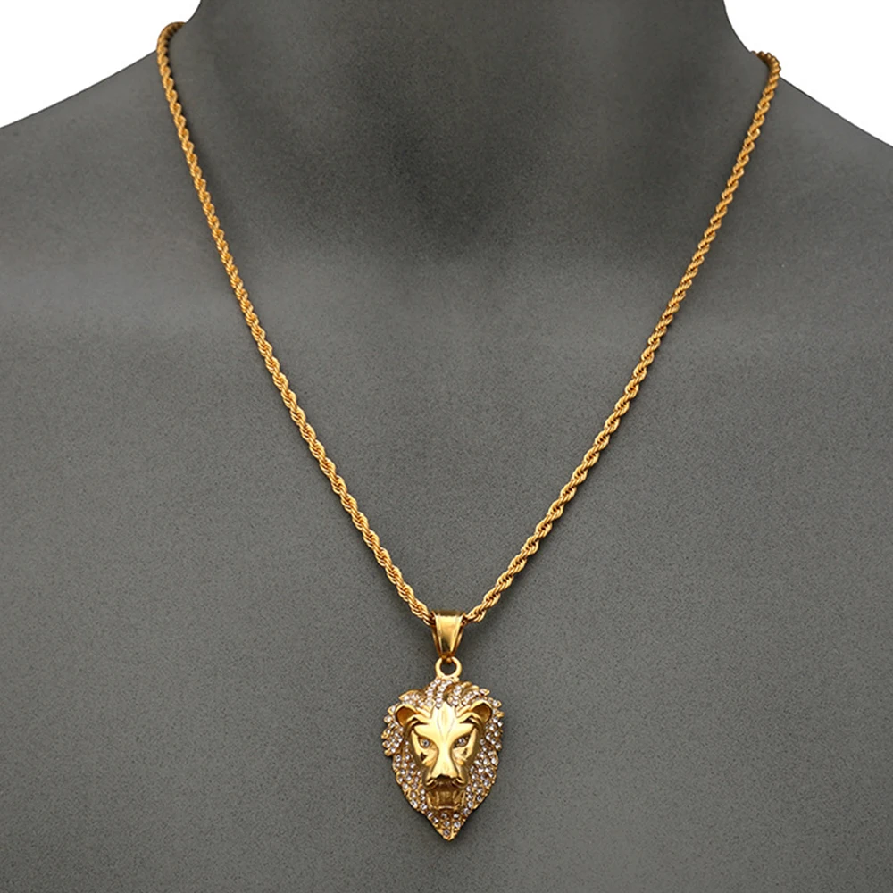 

Men Hip Hop Jewelry Lion Head Pendant Necklace Stainless Steel Chain Iced Out CZ Bling Necklace For Men Women Gift Wholesale