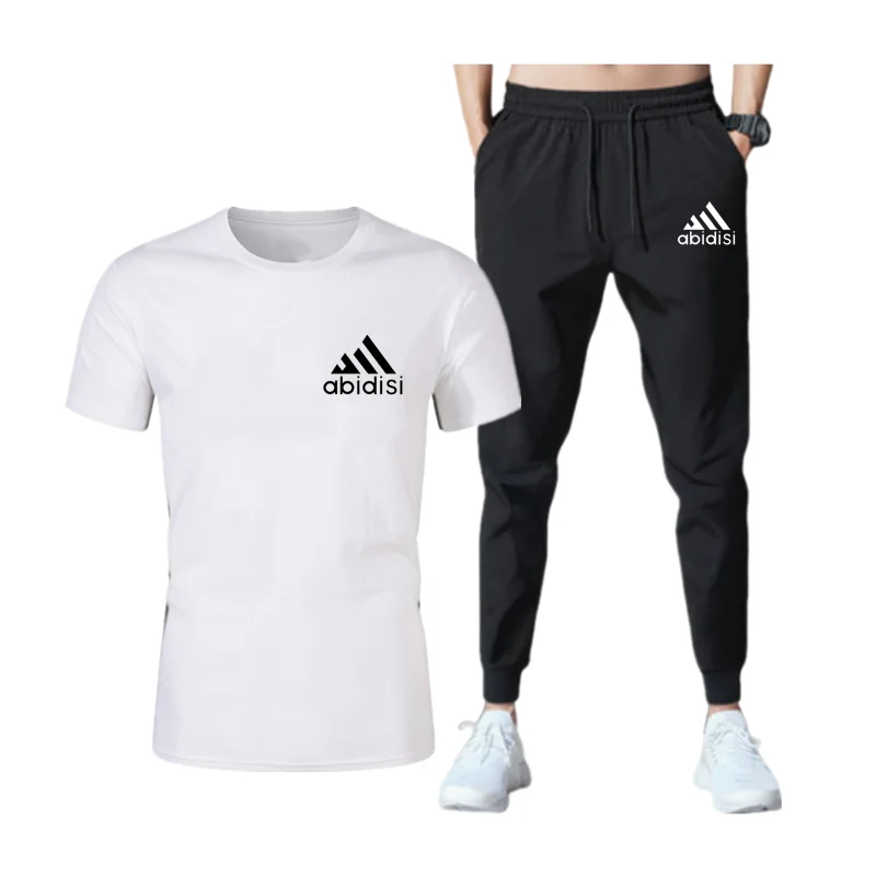 

2021Men's Sets Summer Cotton T-shirt + Black Trousers Two-piece Solid Color Printing Clothing Home Leisure Outdoor Activity Sets