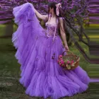 Фиолетовое вечернее платье из тюля, с регулируемыми бретелями и завязанным бантом, милое многослойное платье из тюля, ТРАПЕЦИЕВИДНОЕ ПЛАТЬЕ с цветочным принтом, на шнуровке сзади