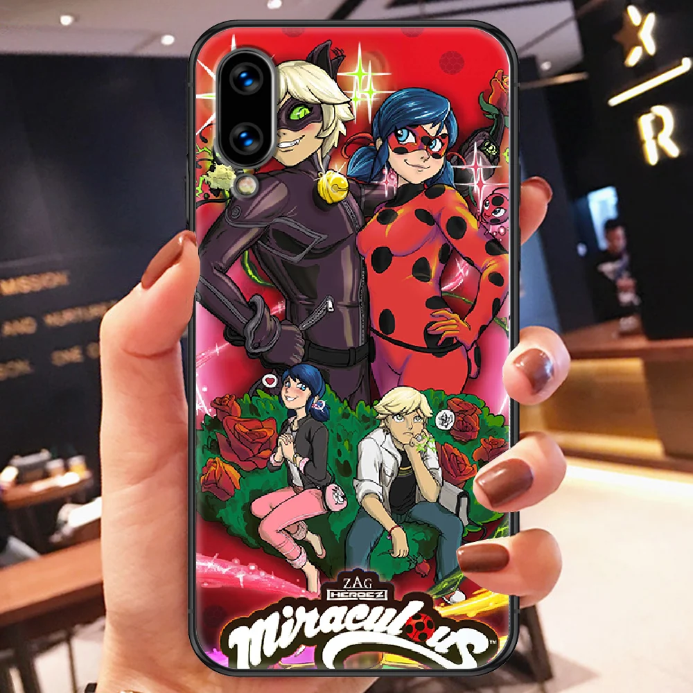 

Cat Cartoon Ladybugs Girl Noir Phone case For Huawei Honor 6 7 8 9 10 10i 20 A C X Lite Pro Play black painting funda tpu