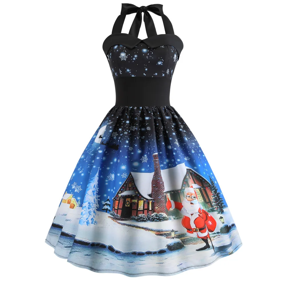 

Womne Halter Vintage Dresses Christmas Printed Santa Snowflake Print Evening Party Prom Dress Sleeveless Ball Gown Vestidos