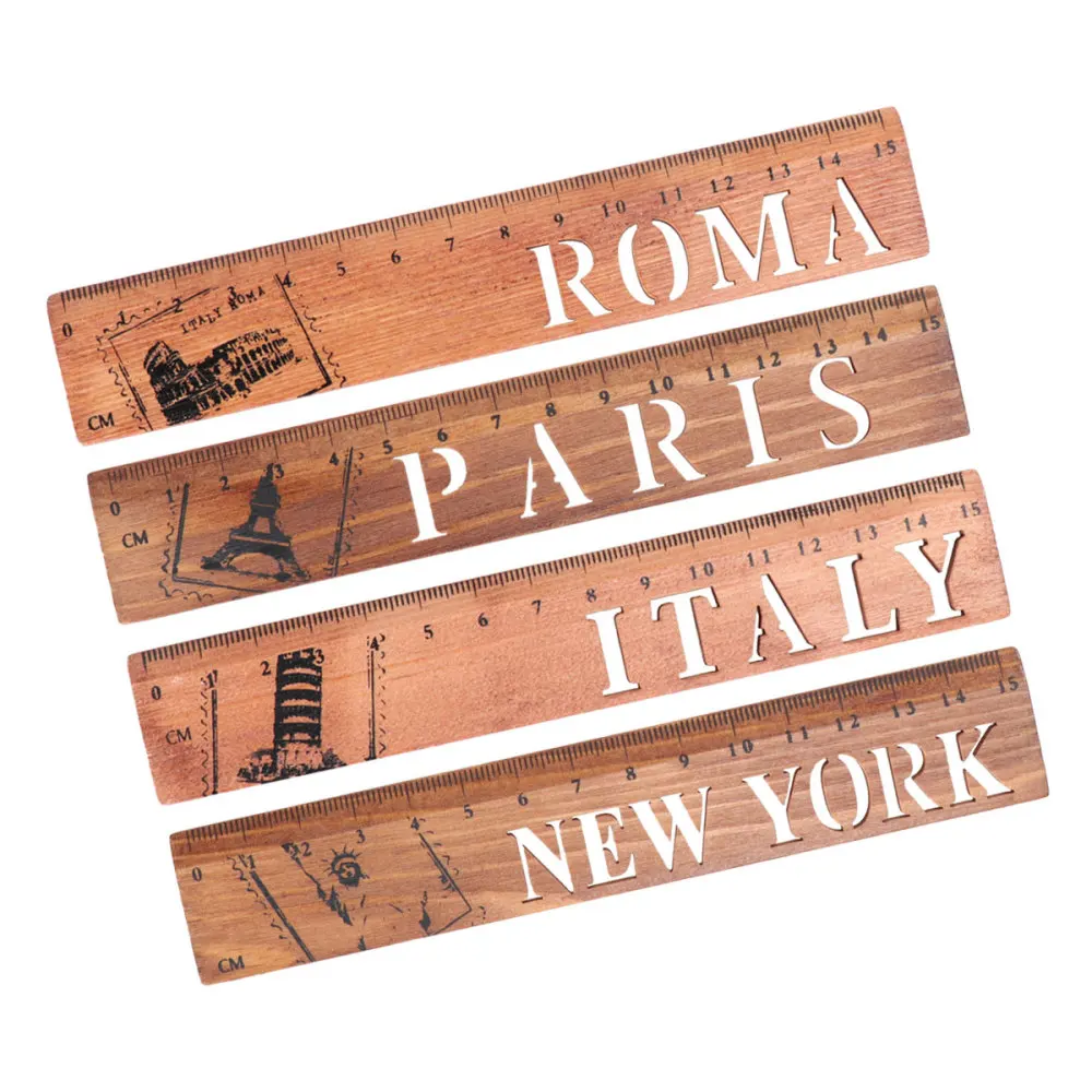

4Pcs Creative Wooden Rulers Retro City Name Rulers Measuring Tool Hollow Out Rulers for Home School Office