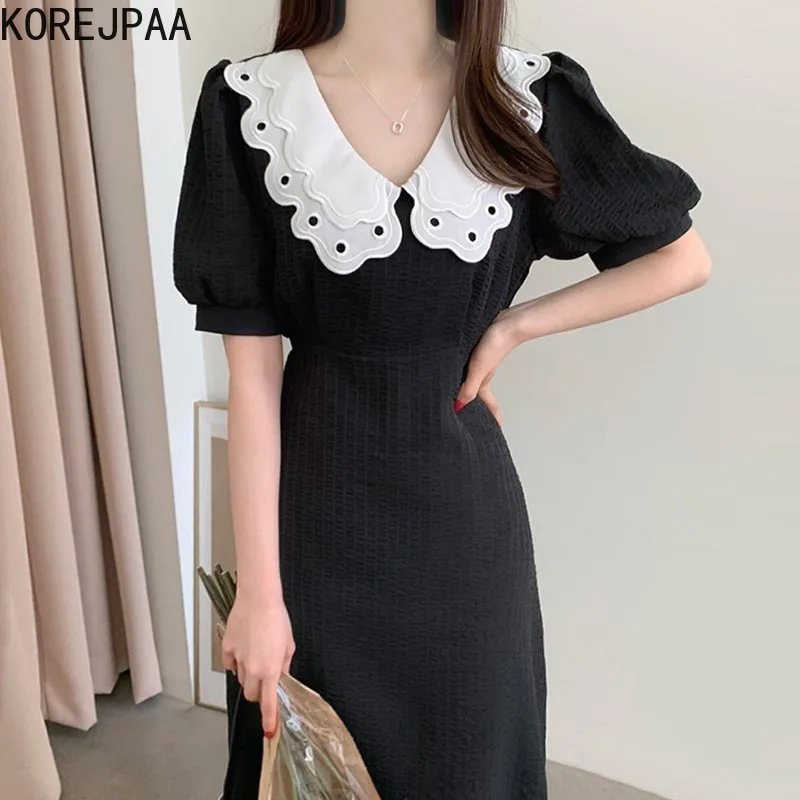 

Korejpaa Women Dress 2021 Korea Chic Temperament Double-layer Doll Collar Contrast Pleated Lace-up Waist Bubble Sleeve Vestidos