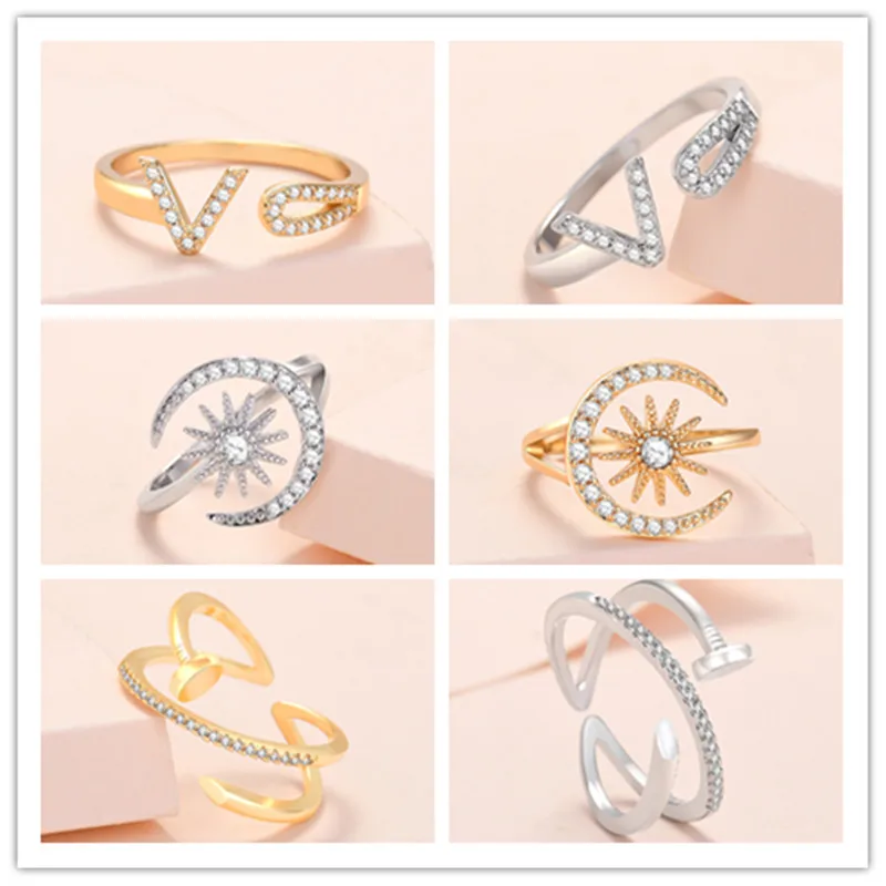 

Fashion Sun Moon Ring, Women's Punk Style Jewelry, Personalized Micro Set Zircon Opening, Adjustable Gold Ring, Valentine's Gift