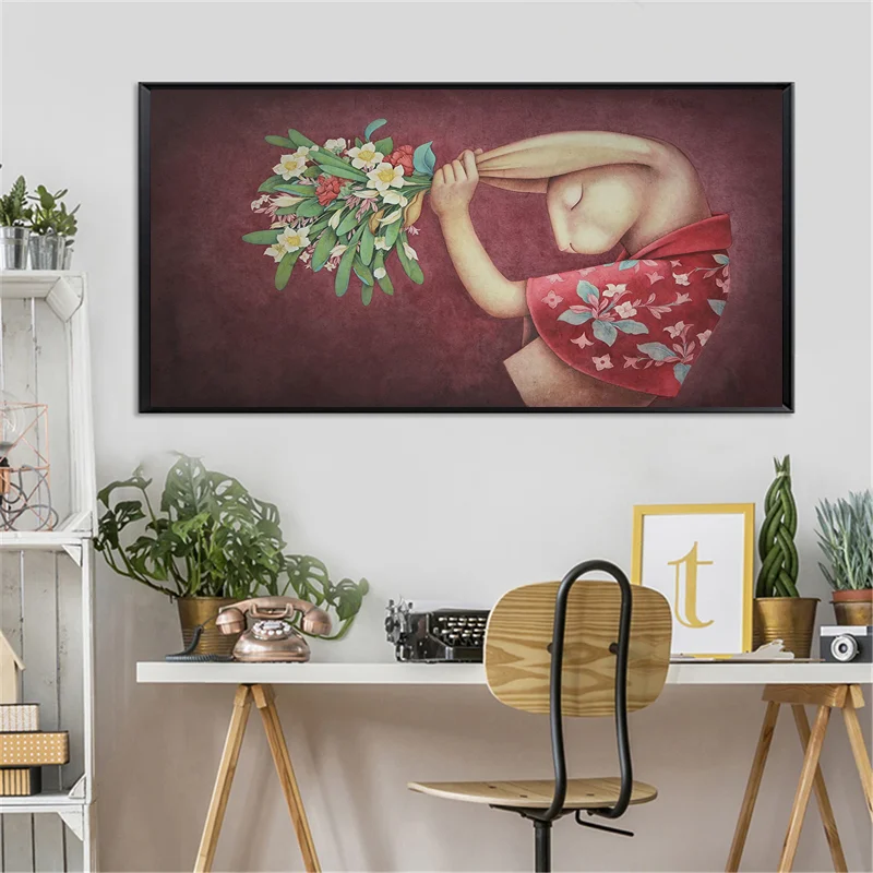

Rabbit Flower Nursery Nordic Posters And Prints Wall Art Canvas Painting Cartoon Animal Wall Pictures Girl Baby Kids Room Decor