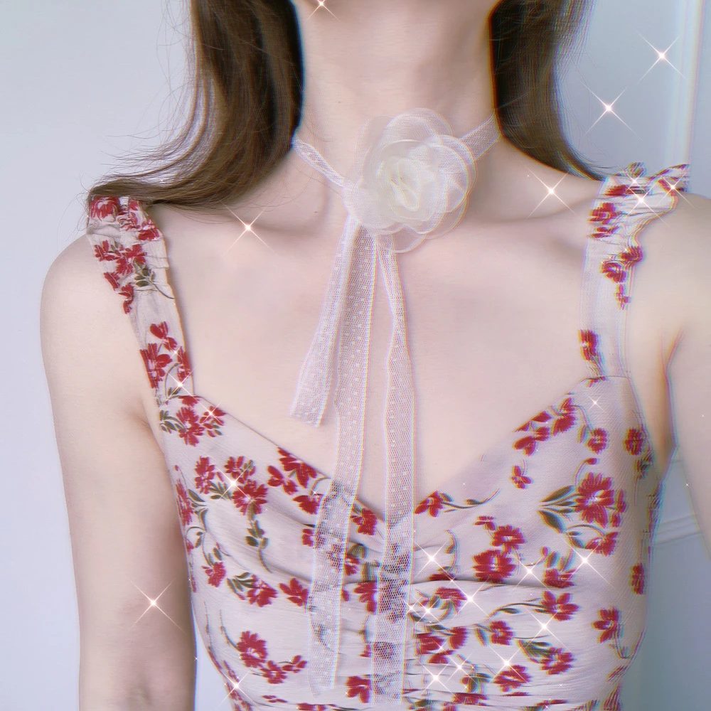 

New Mesh Camellia Hair Rings Elastic Hair Tie Necklace Brooch Pins Flower Rubber Band Hairbands Choker Barrettes