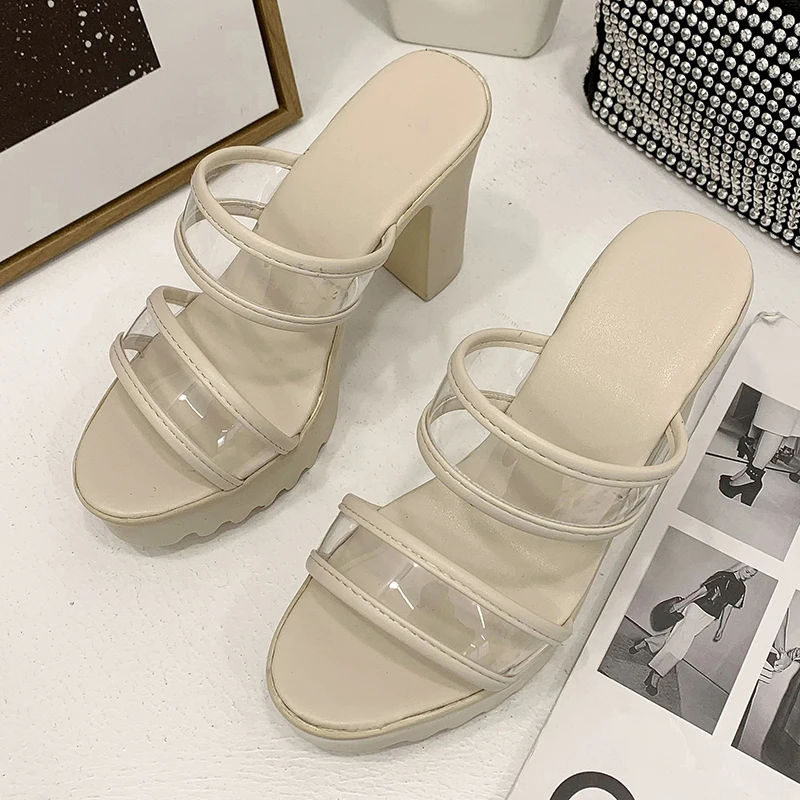 

House Slippers Platform Shoes Woman 2021 Pantofle Heeled Mules Rubber Flip Flops Luxury Slides Square heel New Soft High Hawaiia