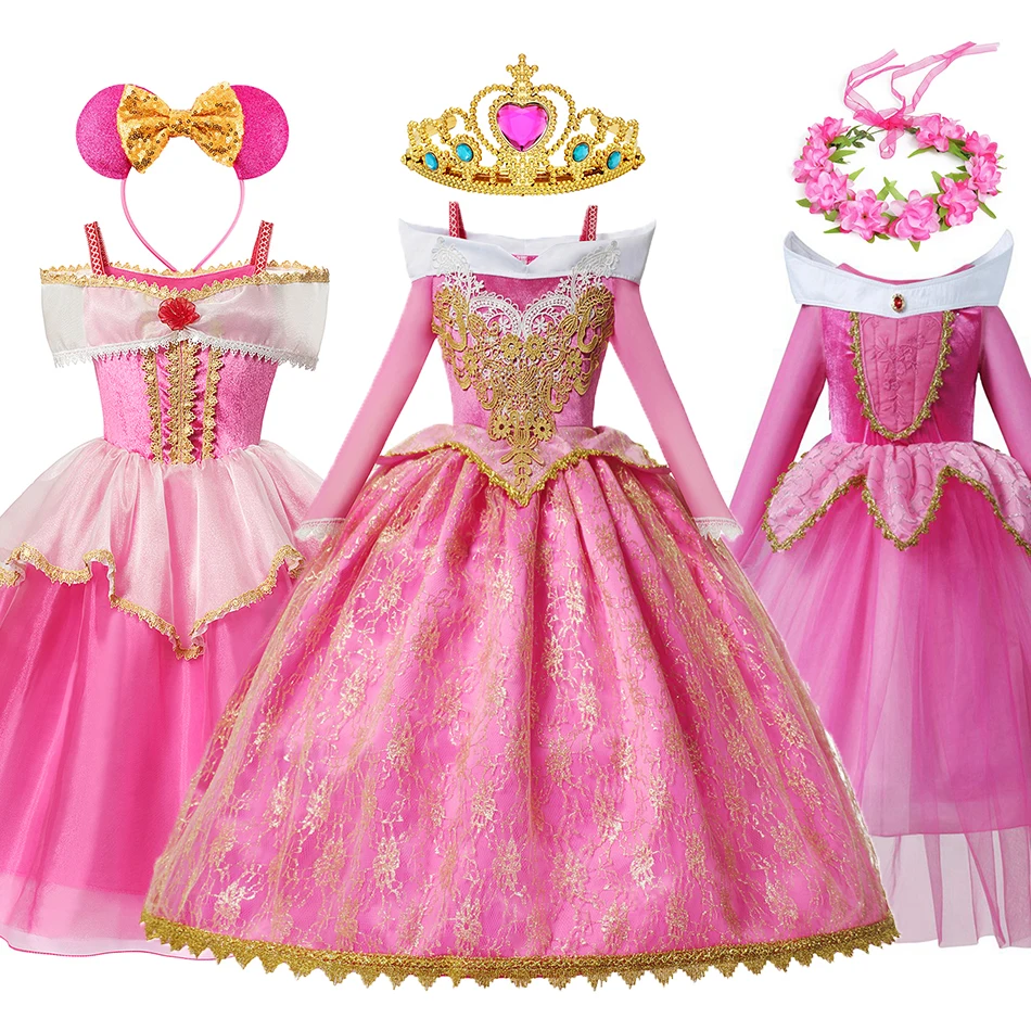 Sleeping Beauty Princess Dress Girls Deluxe Aurora Long Sleeve Princess Costume Christmas Ball Gown Wedding Party Vestidos 4-11Y