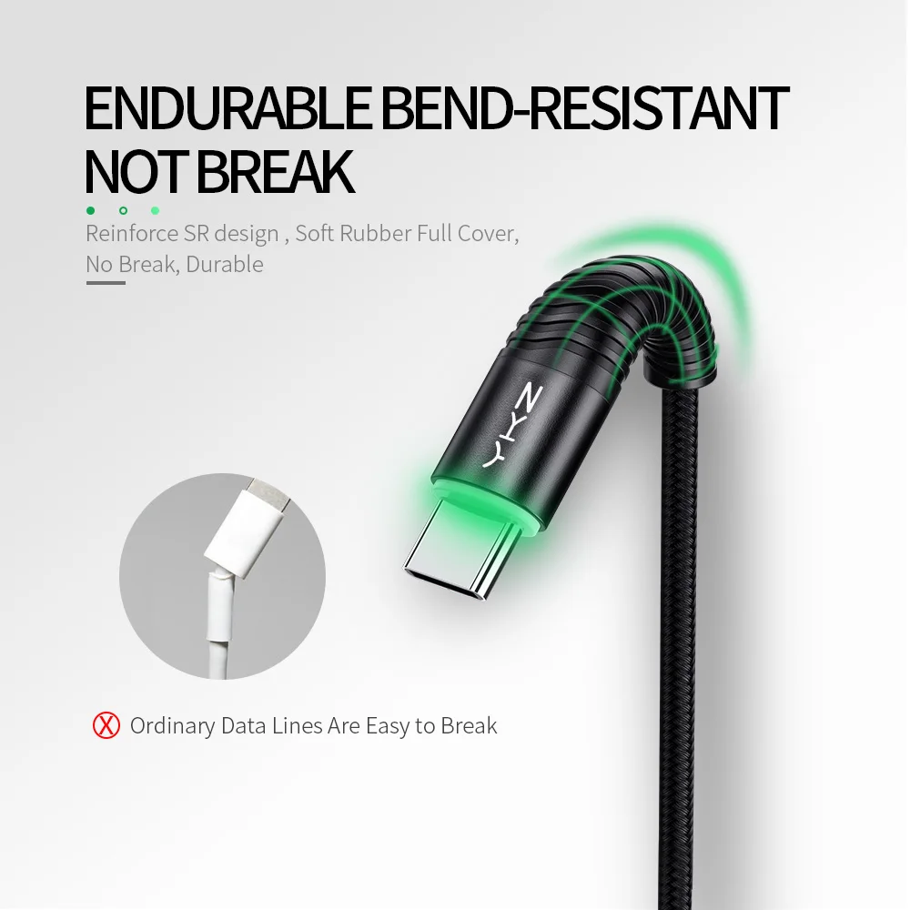 YKZ светодиодный usb type-C кабель 3 А Быстрая зарядка USB C кабель для samsung S10 Xiaomi mi9 HUAWEI USBC type-c кабель для передачи данных USB-C зарядное устройство 1,8 м