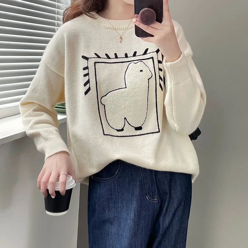 

Little Alpaca Cartoon Age Reduction Stitching Lamb Wool Pullover Sweater 2021 Autumn and Winter Top Sweater Women's Clothing