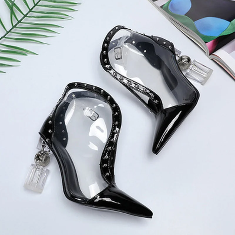 

Fashion New Pointed Toe Profiled Heel High Heels Solid Color Transparent Rivet Sexy Women's High Heel Sandals Martin Boots