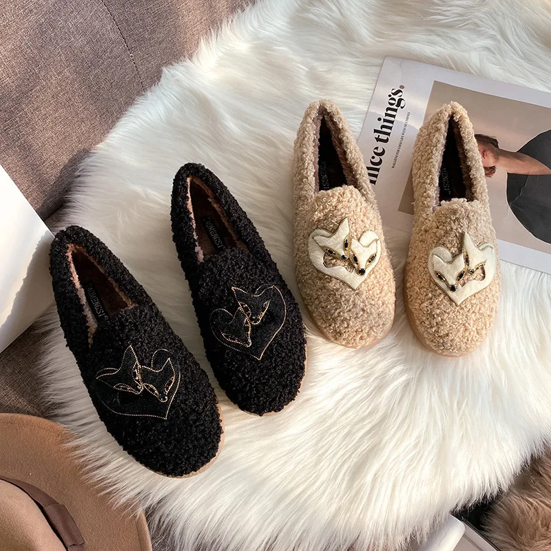 

Platform New Style Rhinestone Metal Decoration Lamb Edamame Beanie Lazy Women's Shoes