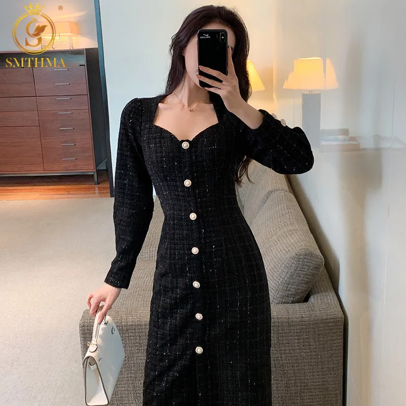 SMTHMA Новые Модные Винтажные элегантные женские черные твидовые платья средней
