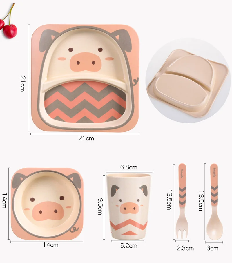 

Cartoon Children's Dinner Tableware Set Bamboo Fiber 5-piece Gift Dinnerware Fork Spoon Cup Bowl Kitchen Plate Cutlery Set