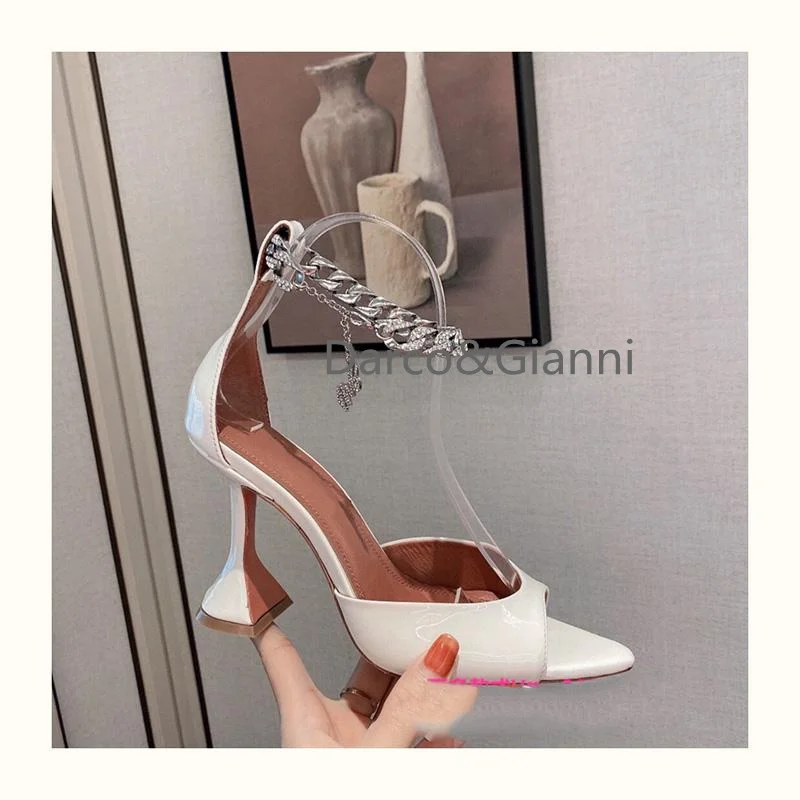 

2021 Genuine leather Sandals Fashion Designer Open-Toe Flock Upper High Heeled Summer Shoes for Women Ankle Buckle metal chain