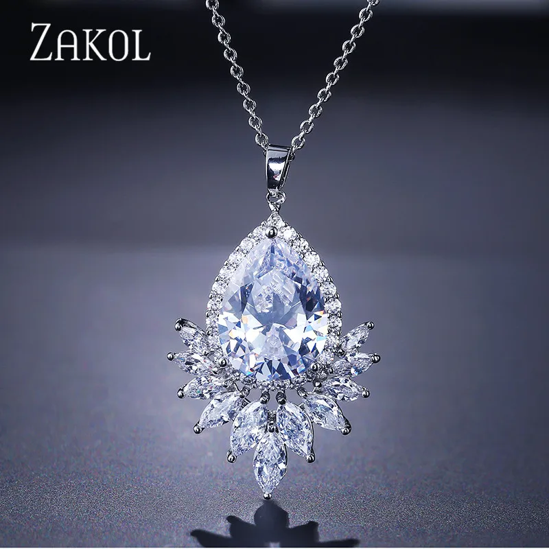 Sliver Color ZAKOL трендовые циркониевые Женские Подвески ожерелье сверкающие большие капли воды форма ювелирные изделия для невесты подарок на день рождения FSNP2023 - Окраска металла: Sliver Color
