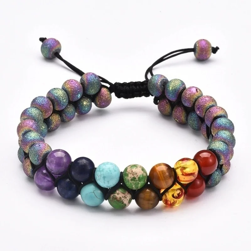 

7 Chakra Beads Lava Rock Bracelet 8mm Double Layer Row Adjustable Unisex Yoga Stone Energy Healing Stone Gifts For Couples