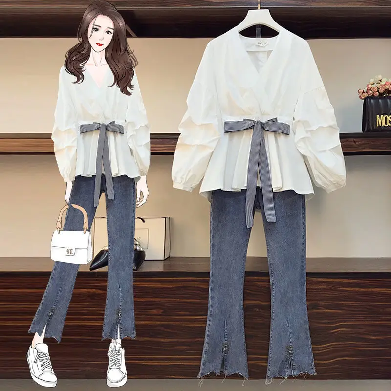 

2021 Autumn New Women 2 Pieces Jeans Suits Women Fashion Loose V-neck Shirts + High Waist Ankle-length Denim Pants Sets Q659