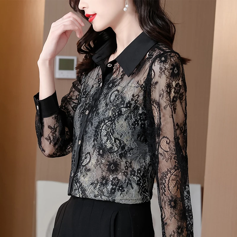 

Chiffon Women's Blouse Polo Girl's Shirt Spring Autumn Loose Long Sleeve Top Solid Korean Button Office Lady Blusas Houthion