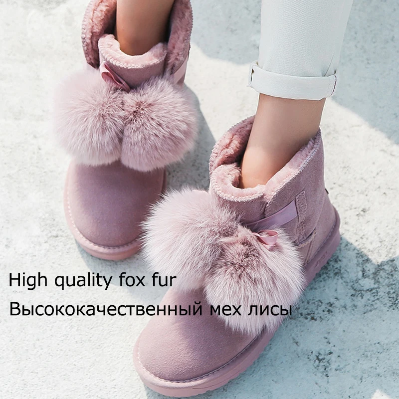Minmclas/женские зимние хлопковые ботинки; короткие сапоги из коровьей кожи с мехом лисы; теплая плюшевая обувь; ботильоны на платформе