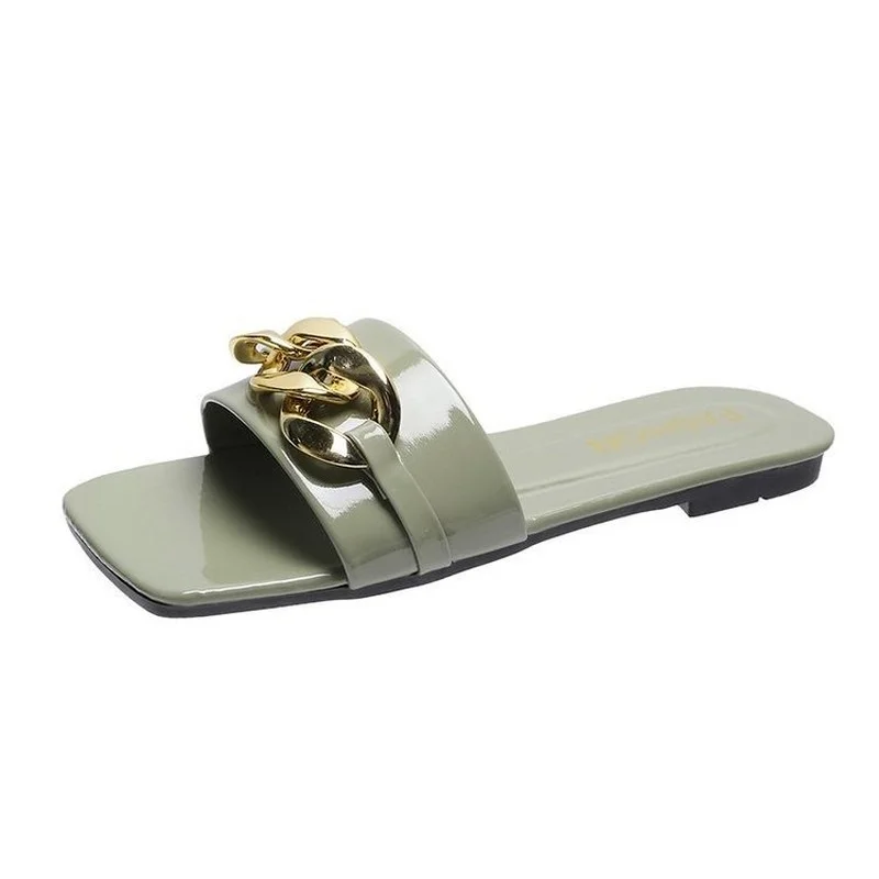 

2021summer Women Slippers Large Chain Open Toe Square Head Flat Sandals Korean Version Beige Low Heel Ladies Casual Sandals