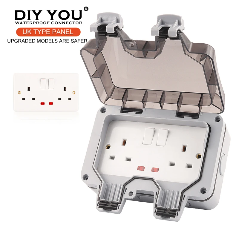

IP66 UK Standard Upgraded Safer Waterproof Outdoor Wall Power Double Socket Switch With Light For Home Garden 13A Plug Outlet