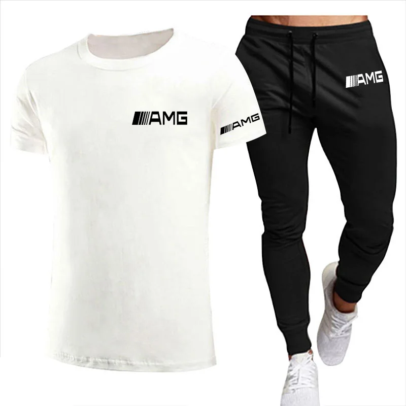 

2021New T-shirt 2 Pieces Sets Tracksuit AMG Printing Men Short Sleeves+Pants Pullover Sportwear Suit Casual Sports Men Clothes