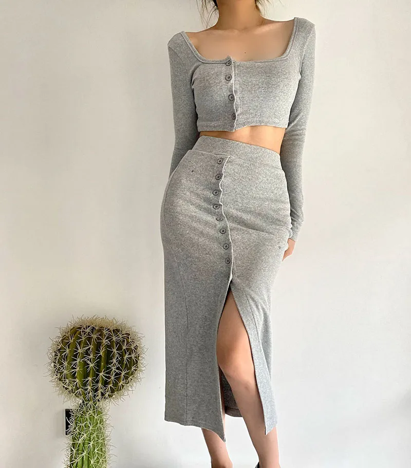 

Spring European American Square Collar Slim Short Long-Sleeve Women T-shirt High-Waist Split Knitted Breasted Ladies Skirt Suit
