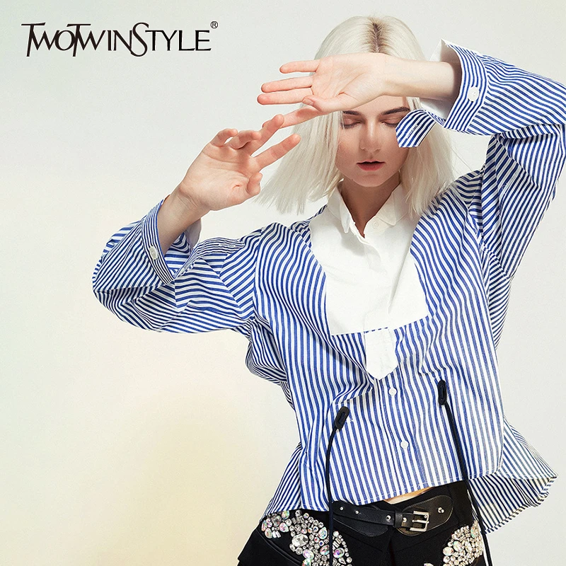 TWOTWINSTYLE Лоскутные женские рубашки с бантом воротник лацканами длинный рукав на
