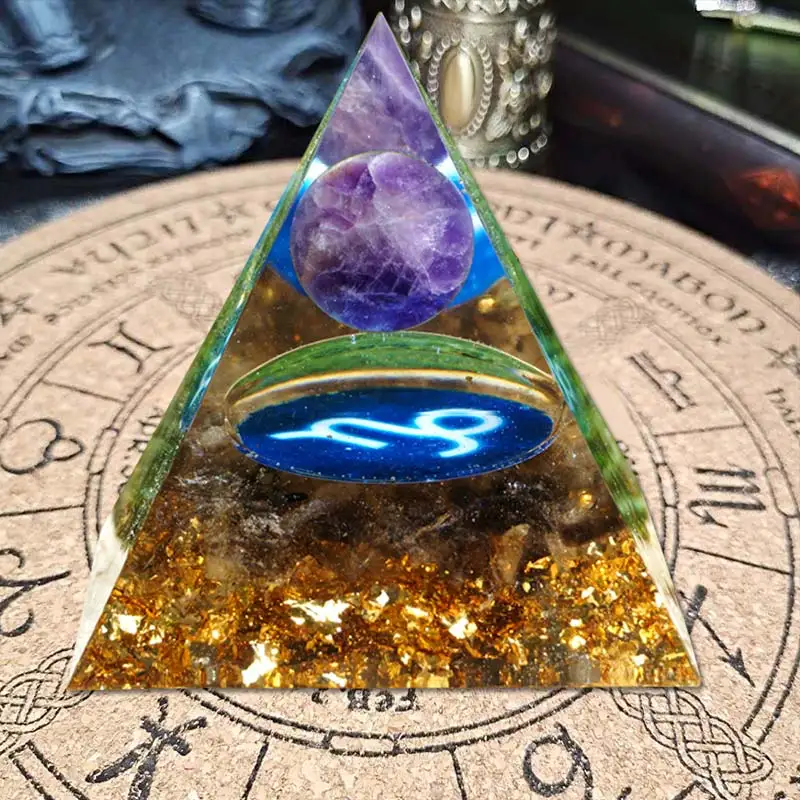 

Handmade Amethyst Crystal Sphere Orgonite Pyramid 60mm with Kyanite Stone Reiki Chakra Energy Orgone Collection EMF Protection