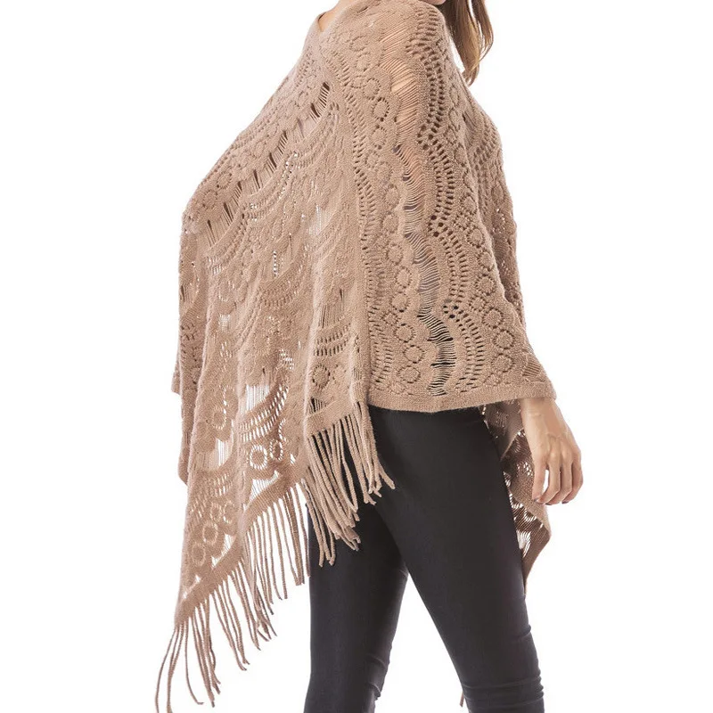 

Women's Hollow Out Irregular Cape Coat Crocheted Mid-Length Cape Solid Femal Fashion Slim Casual V-Neck Tassels Capes One Size