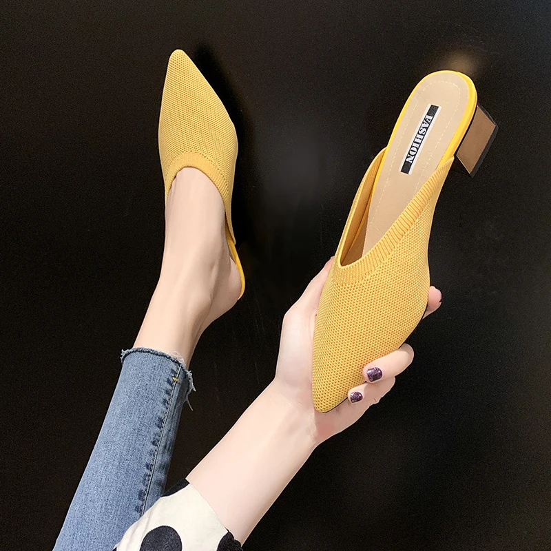 

Elegant Knitted Pointed Toe Mules Women Mid Heel Slippers 2021 Summer Sexy Slides Beige Yellow Heeled Shoes Women Slippers