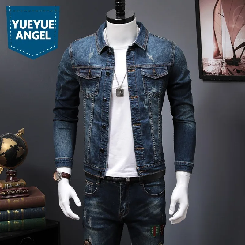 

Personality Casual Thin Slim Fit Mens Denim Jackets Spring Autumn Long Sleeve Single Breasted Streetwear Outwear Coats Plus Size