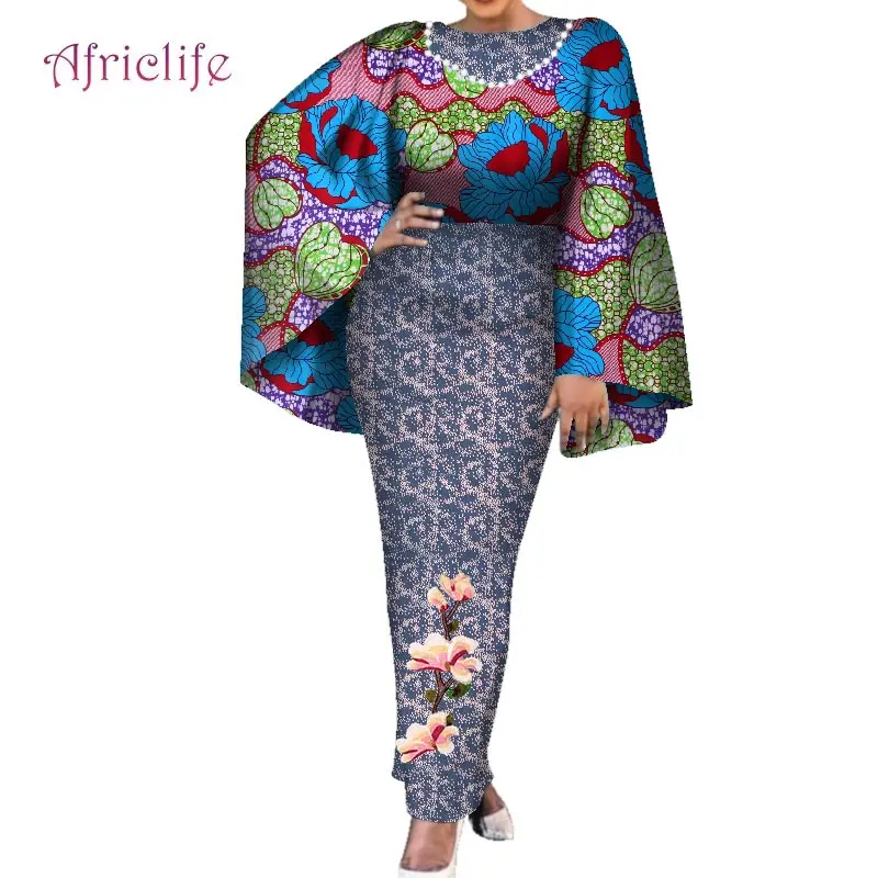 Spring Autumn Party Dress Women Bazin Long African Wax Cotton Dress Belling Sleeve Long Sleeve One Pcs Female Dresses WY7579