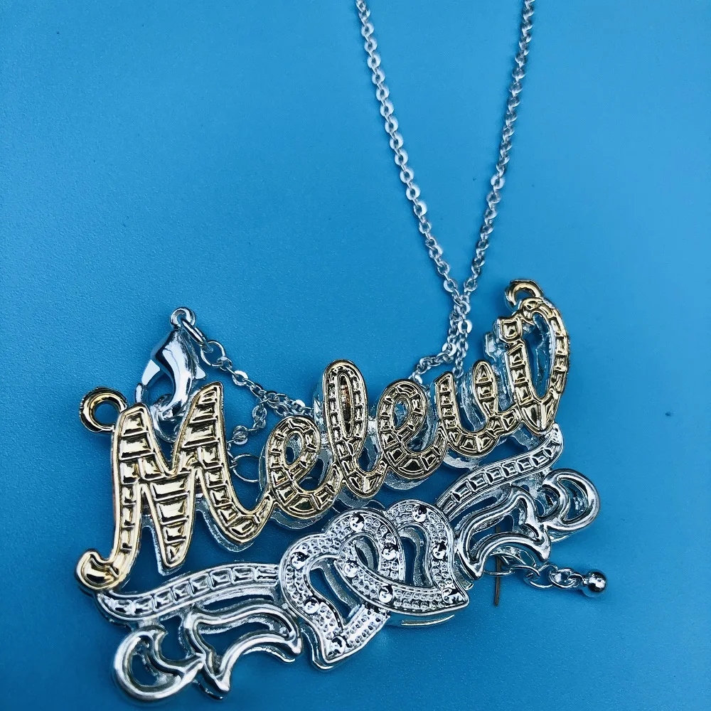 Customized Name Double Heart Necklace 3D Name Pendant Custom Nameplate Birthstone Necklace Personalized Name Plate Women Chain